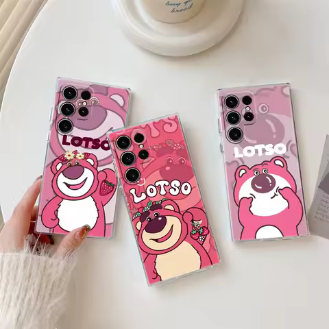 Lotso Strawberry Bear Phone Case For Samsung Galaxy S24FE S25 S23 S21 Ultra S20 S24 FE S22 Plus A35 A54 A55 5G Case Clear Cover