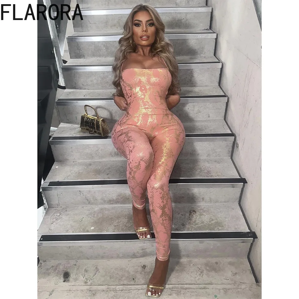 

FLARORA Fashion Serpentine Print Jumpsuit Sexy Sleeveless Backless Bandage Bodycon Jumpsuits Midnight Clubwear Street Overalls