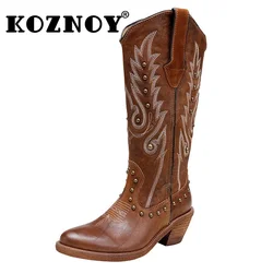 Koznoy 5.5cm Sewing Genuine Leather Ankle Knee High Woman Fashion Slip on Western Knight Boots Cowboy Autumn Spring Ethnic Shoes