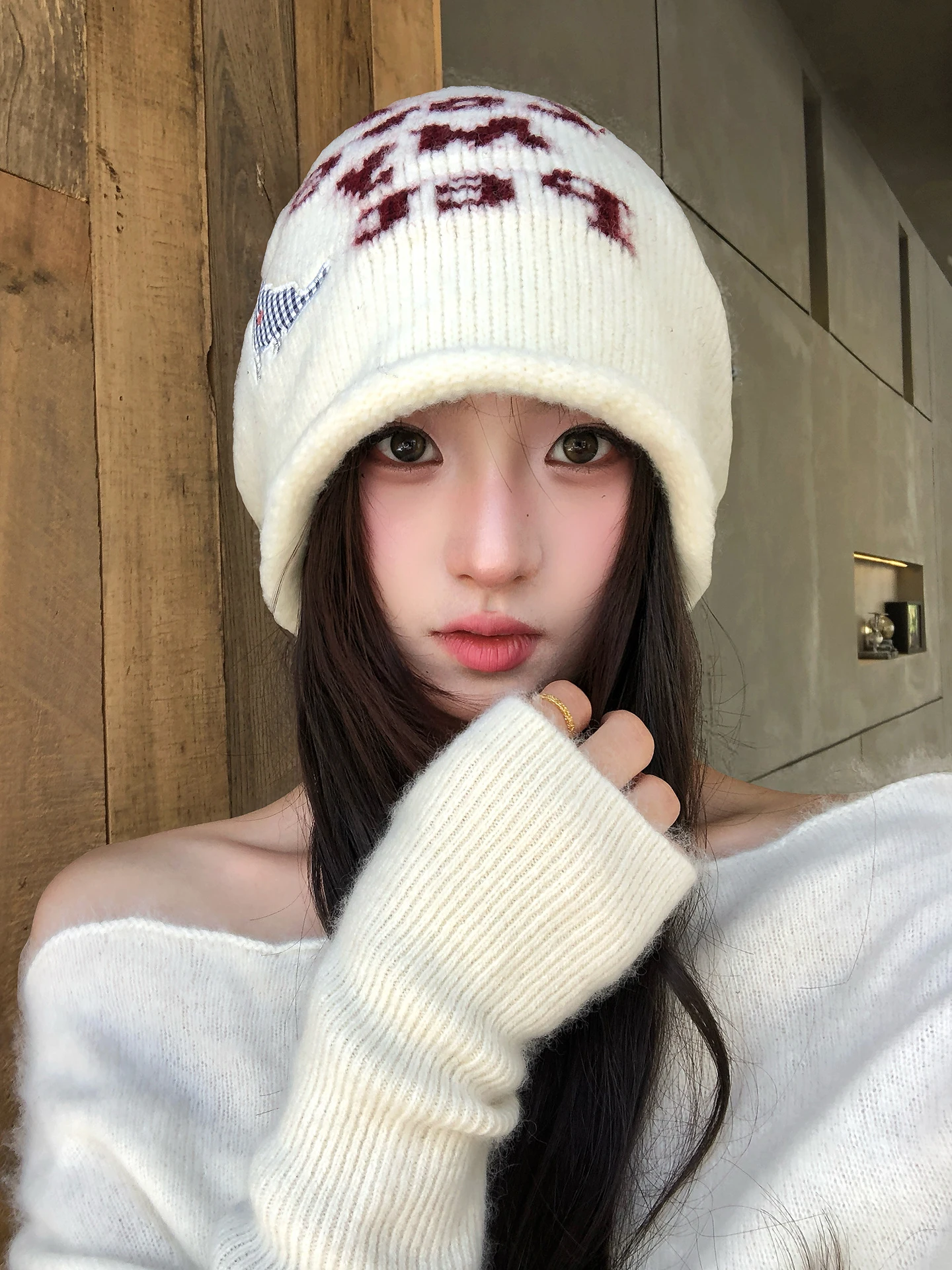 Korean Style Letter Plaid Dog Knitted Hat Women's Autumn Face Slimming Fashionable All-Match Atmosphere Sense Overhead Hat
