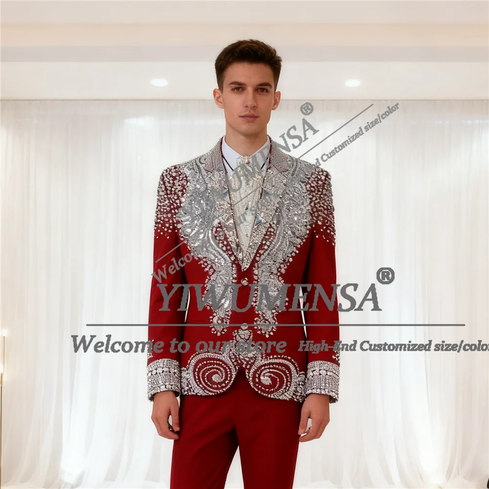 

Блестящий костюм с камнями из бисера для мужчин, однобортный пиджак, брюки, комплект из 2 предметов, смокинги для жениха, формального случая, вечеринки, тонкие