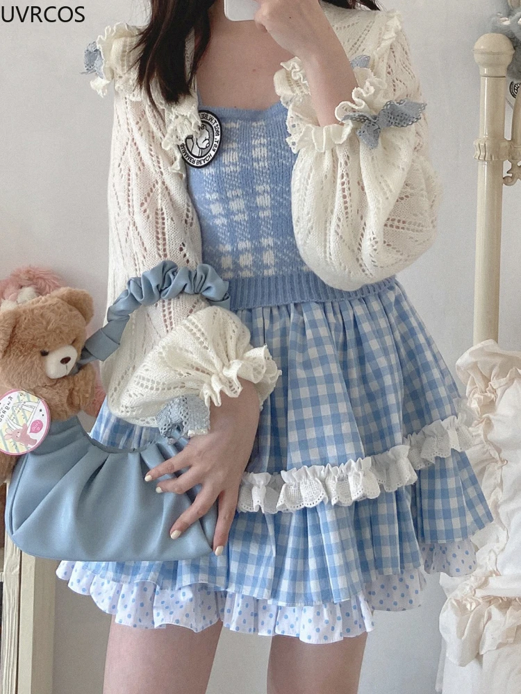 Terno de saia xadrez doce Lolita para mulheres, camisa Kawaii, tops de algodão, mini saias, menina bonito 2 peças conjuntos, roupas de outono