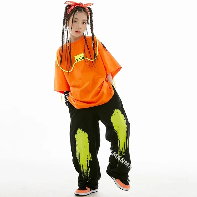 Ropa de Hip Hop Kpop para niños, Tops de manga corta, pantalones sueltos, disfraz de actuación de baile moderno, ropa de baile de Jazz para niñas