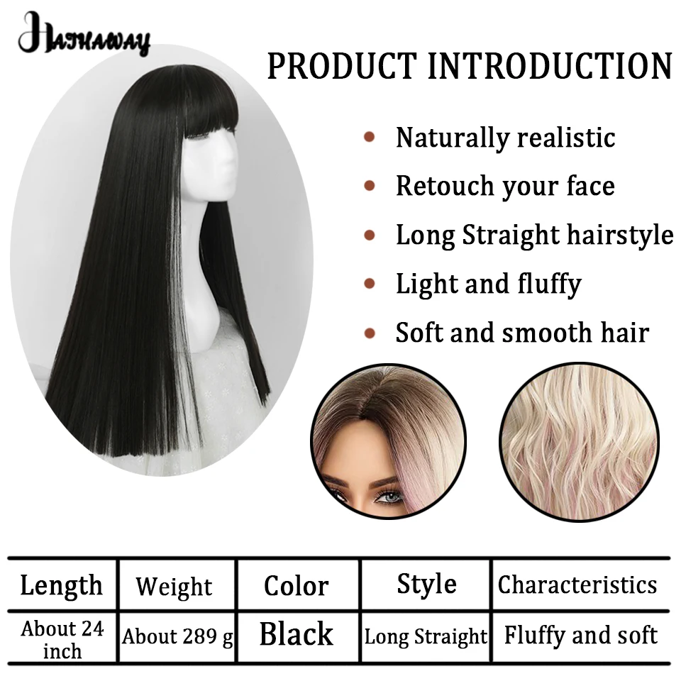 24 Inch Black Long Straight Female Synthetic Long Straight Hair Temperament Long Black Hair Cosplay Lolita Holiday Party Wear