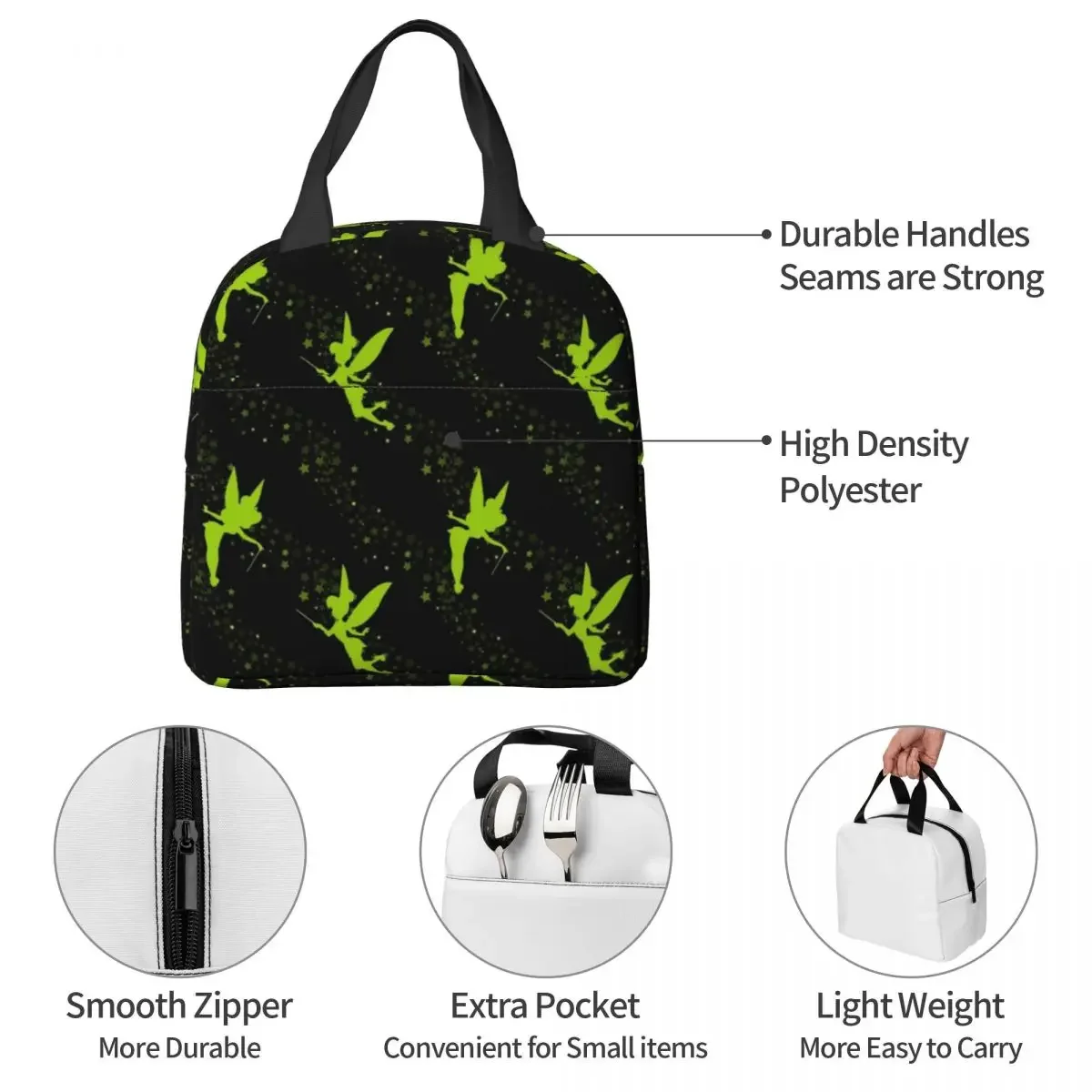 Peter Pan Tinkerbell Flying Green borsa termica per il pranzo borsa termica riutilizzabile grande Tote Lunch Box per uomo donna ufficio viaggi