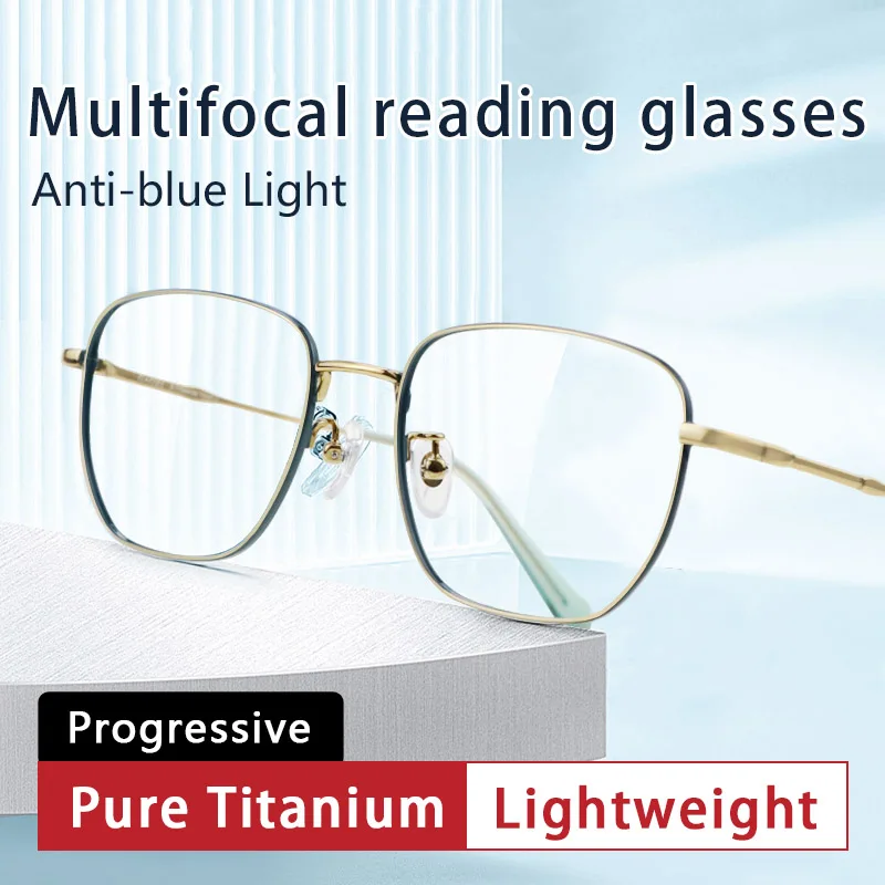 

Progressive Multifocus Reading Glasses Pure Titanium for Women, Zero Magnification on Top Lens,Anti Blue Light Resin Lens