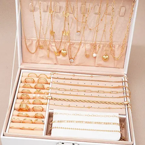 40 Pcs/Set Elegant Geometric Pearl Rings Multi Layered Heart Zircon Necklace Simple Bracelet 3 In 1 Jewelry Set For Women Gifts