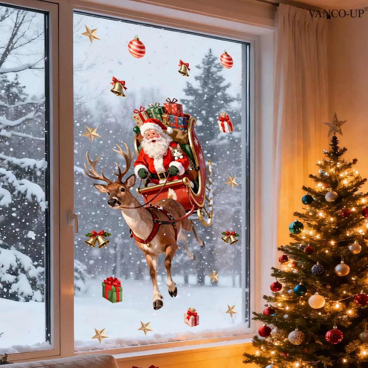 Xmas Santa Reindeer Window Stickers Non-Adhesive Static Clings Christmas Glass Decals with Gifts Bells for Party Decor