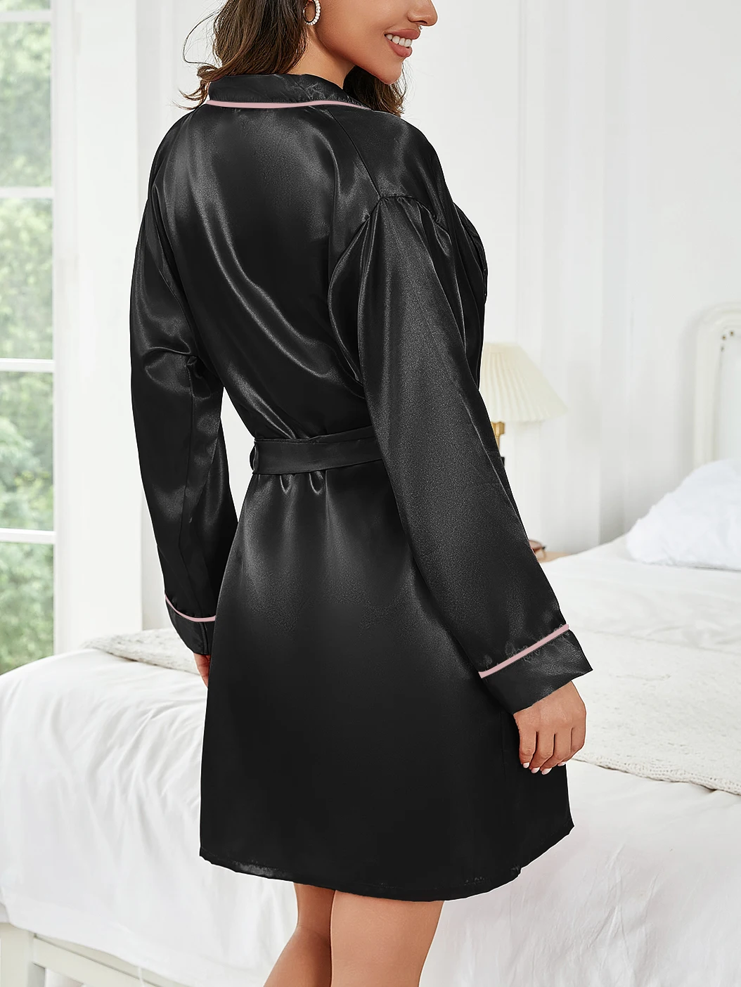 Reine Farbe Kurze Robe Frauen Sommer Dünne Hause Nachtwäsche Casual Bademantel Mode Vielseitig – Detail 3