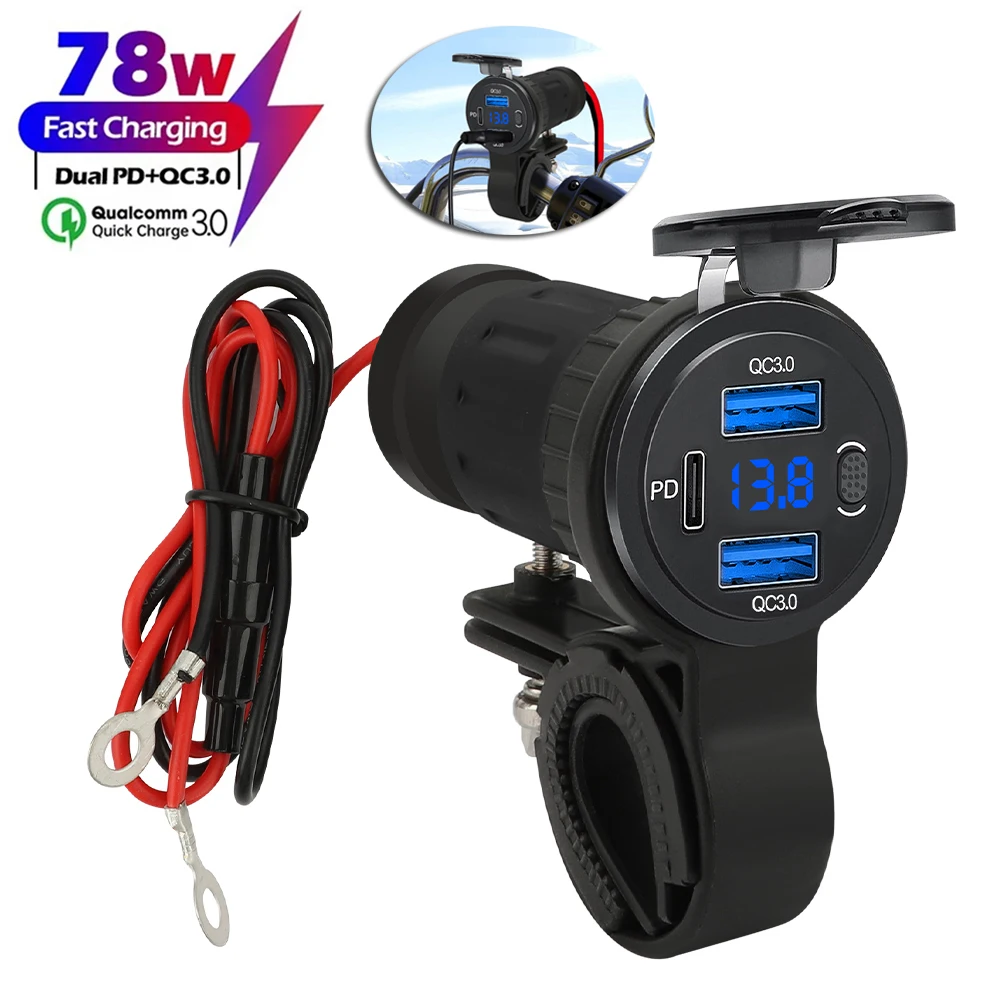 

78 Вт, 3 порта, двойной PD + QC3.0, зарядное устройство для телефона, USB-разъем для мотоцикла, водонепроницаемый монтажный кронштейн на руль с цифровым вольтметром