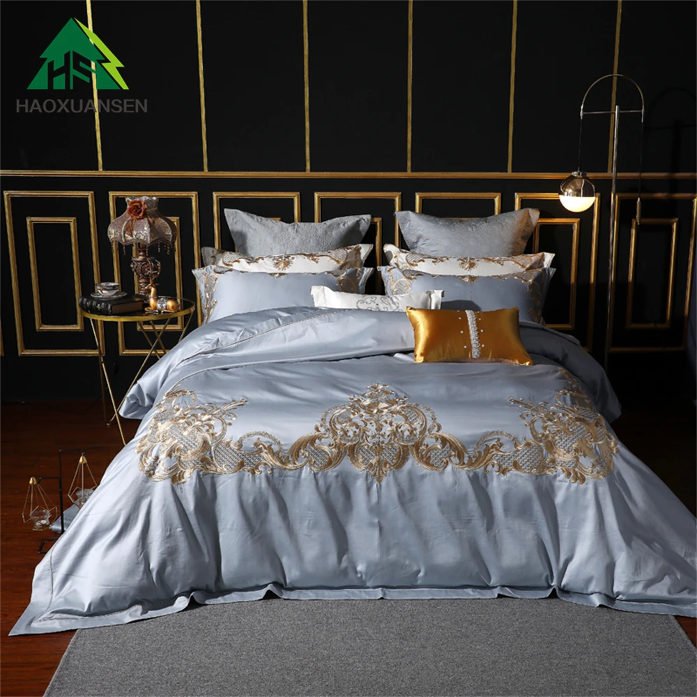 

Light Blue Embroidery Bedding Set 4/7Pieces Queen King Size Rococo Design Cotton Bedspread Bed Sheets Pillowcase Duvet Cover