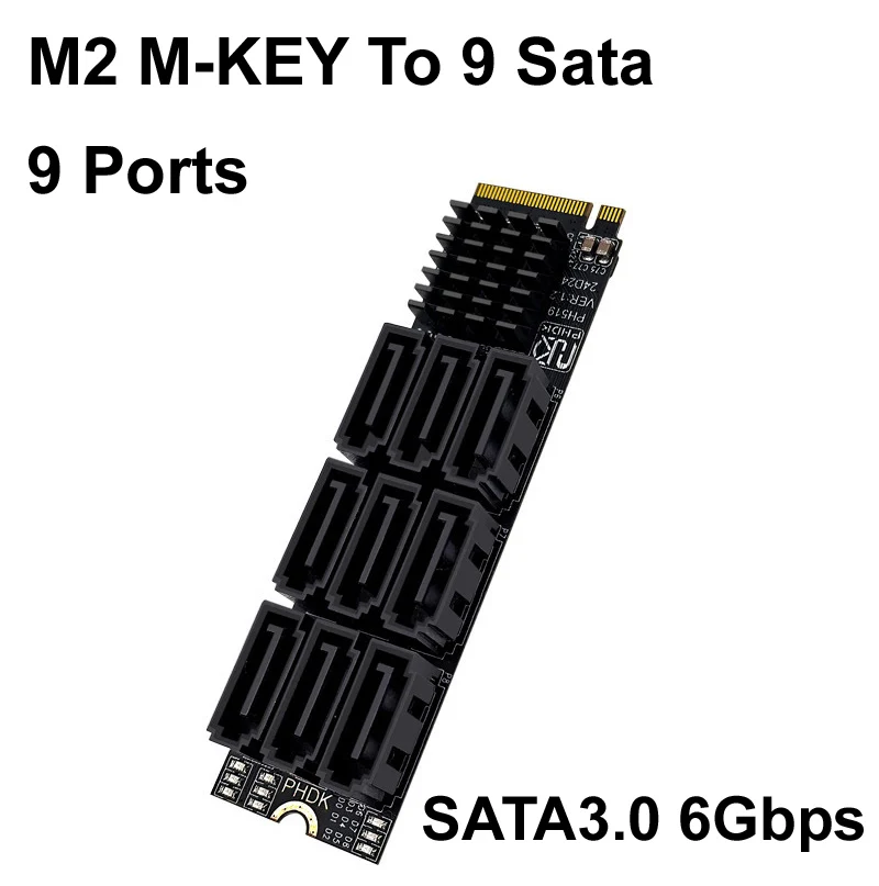 M.2 M-KEY PCI-E 3.0 X12 16Gbps To SATA 3.0 Riser Card 6Gbps M2 Expansion Card 9 Ports SATA3.0 For NVME NGFF To SATA SSD Adapter