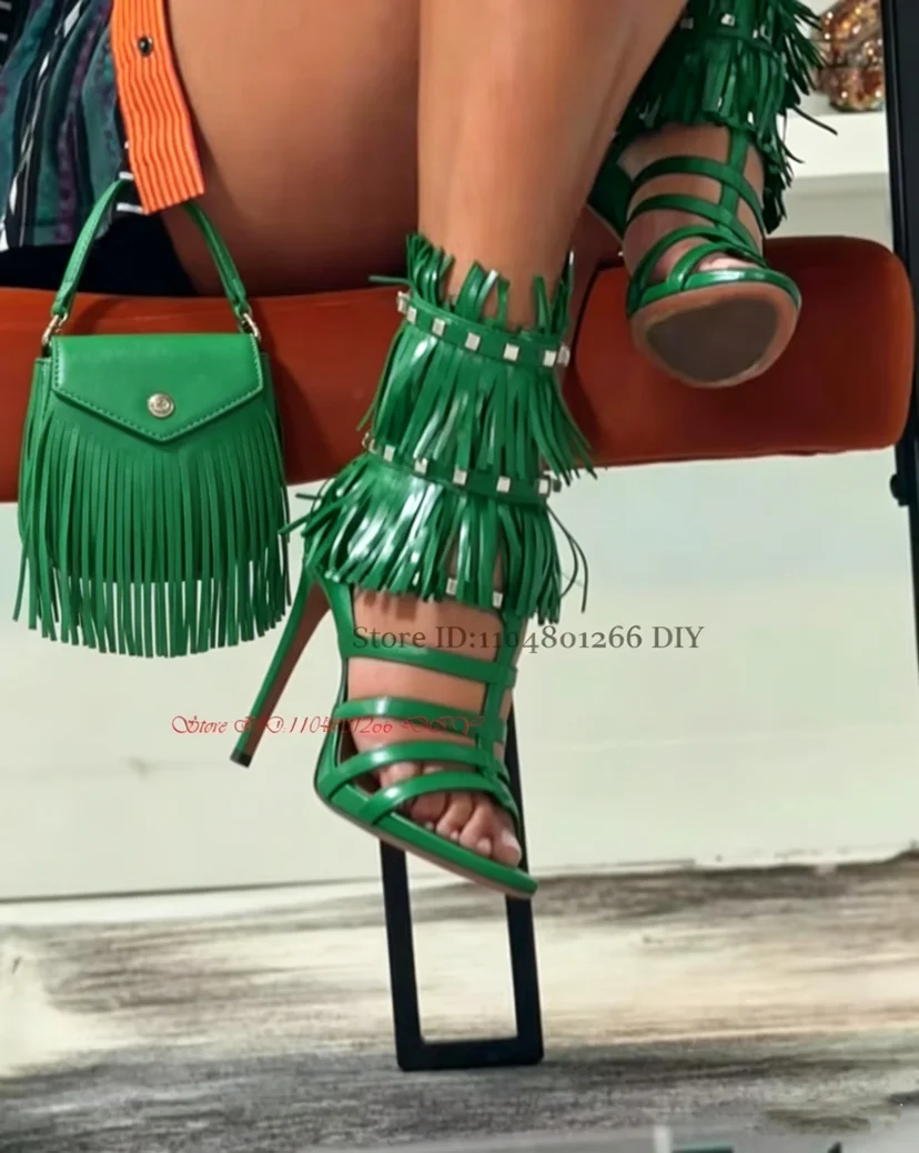 Clean Green Leather Tassel High Heels Sandals Women Round Toe Stiletto Heeled Rivet Punk Style Trend Gladiator Sandal Boots