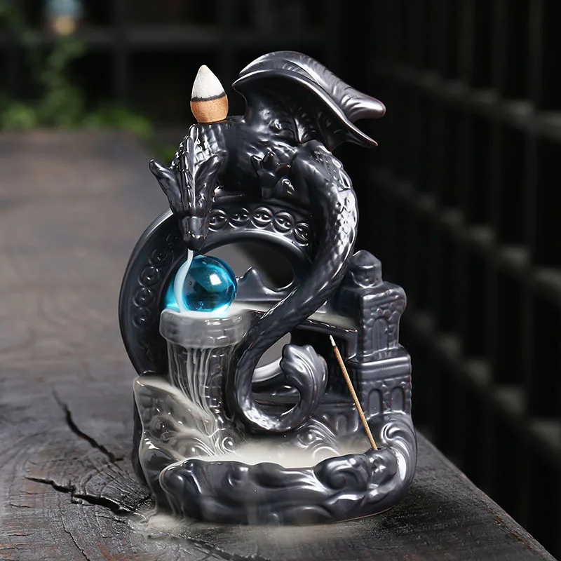 1 Stück, Flügelloser Drachen-Rückfluss-Räucherstäbchenhalter – Räucherstäbchenhalter im Ozeanwellen-Design mit Glücks-Feng-Shui-Kugel (ohne Räucherstäbchen)
