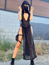 2025 New Sexy Punk Gothic Dress Women Y2K Retro Streetwear Cyber Y2k Mesh Hollow Out Sleeveless Hooded Dress Alt Grunge Clothes