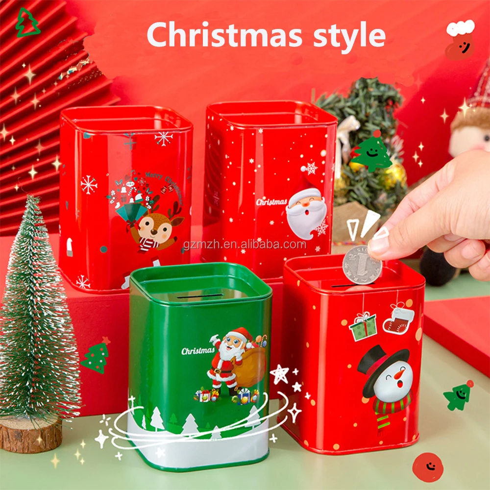 Christmas Decoration Piggy Bank Matte Square Tinplate Money Box For Kids Cute Money Saving Bank Piggy Bank For Gift