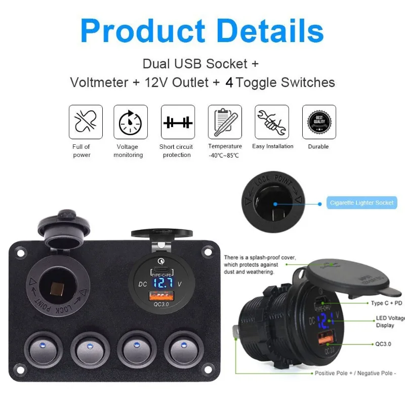 

4-местная панель переключателей с блоком предохранителей и измерителем напряжения, USB-зарядное устройство для автомобиля, лодки, автофургона