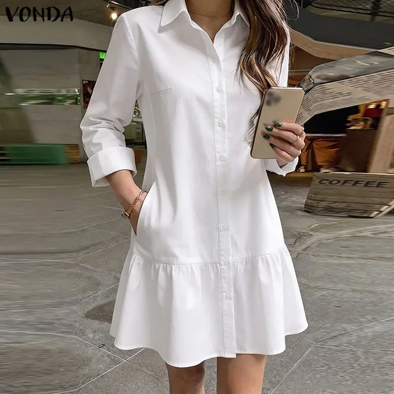 VONDA Women Casual Office Mini Shirt Dress Long Sleeve Solid Sundress Button Down With Pockets Ruffle Vestido Elegant Robe Femme