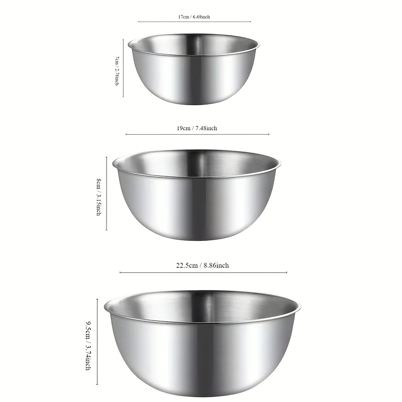 Set of 3 Stainless Steel Mixing Bowls with Measurements, Suitable for Home Use, Thickened for Mixing and Kneading,Ideal for Eggs image 5