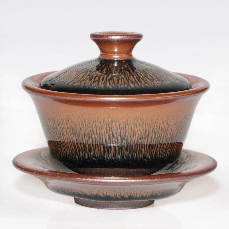 Jianzhan Tenmoku Gaiwan Kung Fu Taza de té y platillo con tapa Hare-piel china Jian Ware JZ 10020338