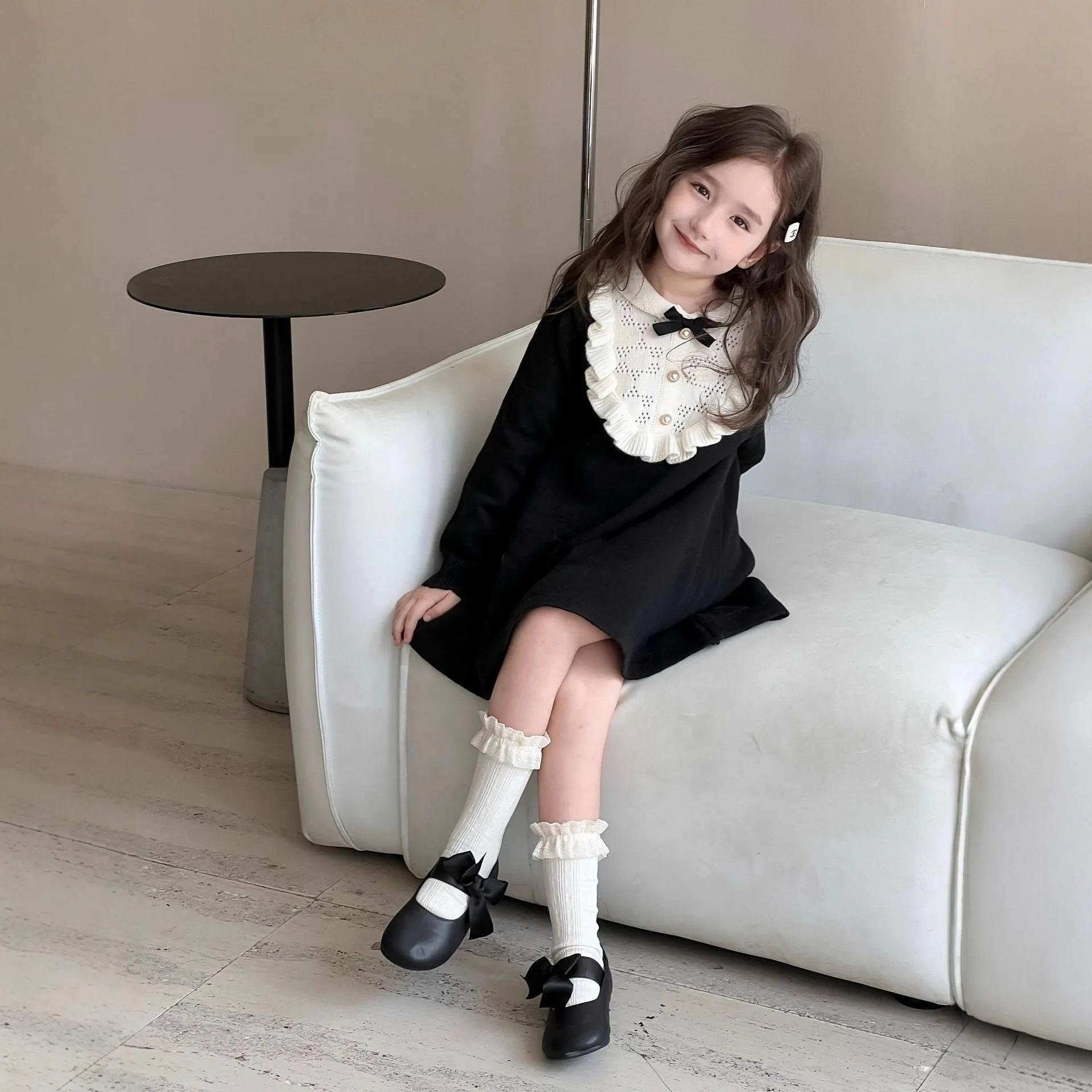 

Toddler Girls Elegant Ventilate Knit Dress, Black Sweater Dress with White Lace Ruffle Collar & Bow, Preppy Style Party Dress