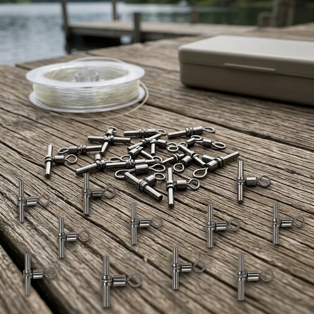 30pcs 3 Way For Cross Line Swivel T Shape Sleeve Brass Black Nickel For Deep Drop Rig Saltwater Fishing Terminal Tackle Parts