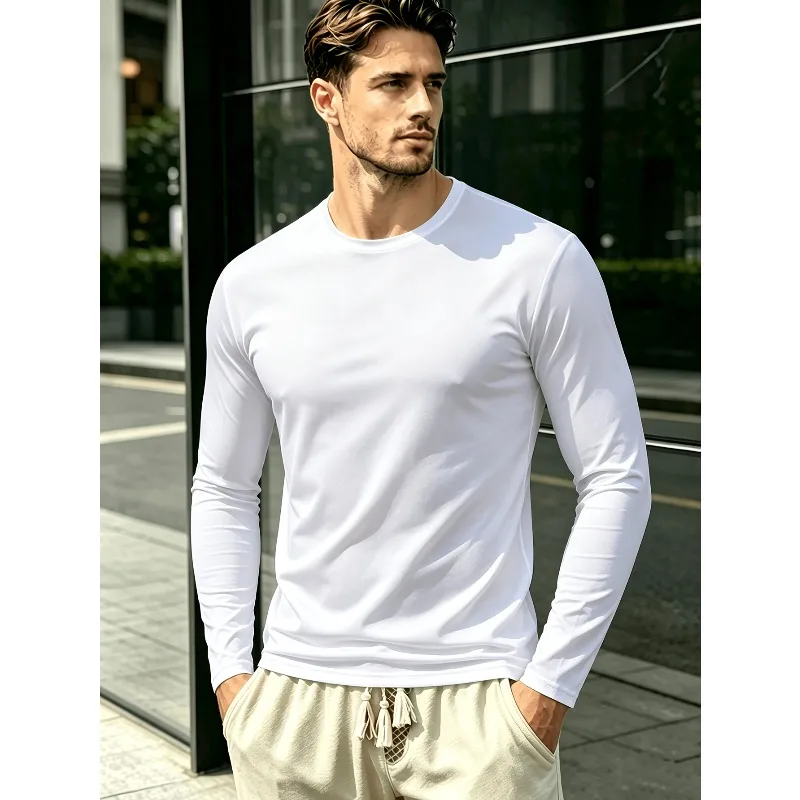 Solid Round Neck Long Sleeve T-Shirt. Casual T-Shirt for Outdoor Sports, Casual Outdoor Wear, Shaping Top for Gym. Fashionable view 2