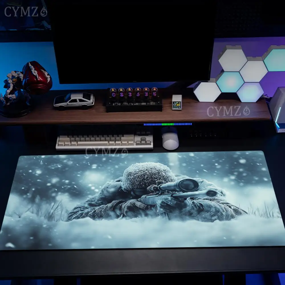 Snow Tactical Sniper großes Gaming-Mauspad, rutschfeste, langlebige Schreibtischunterlage mit genähtem Rand, PC-Zubehör, Gaming-Matten, erweiterte Unterlage
