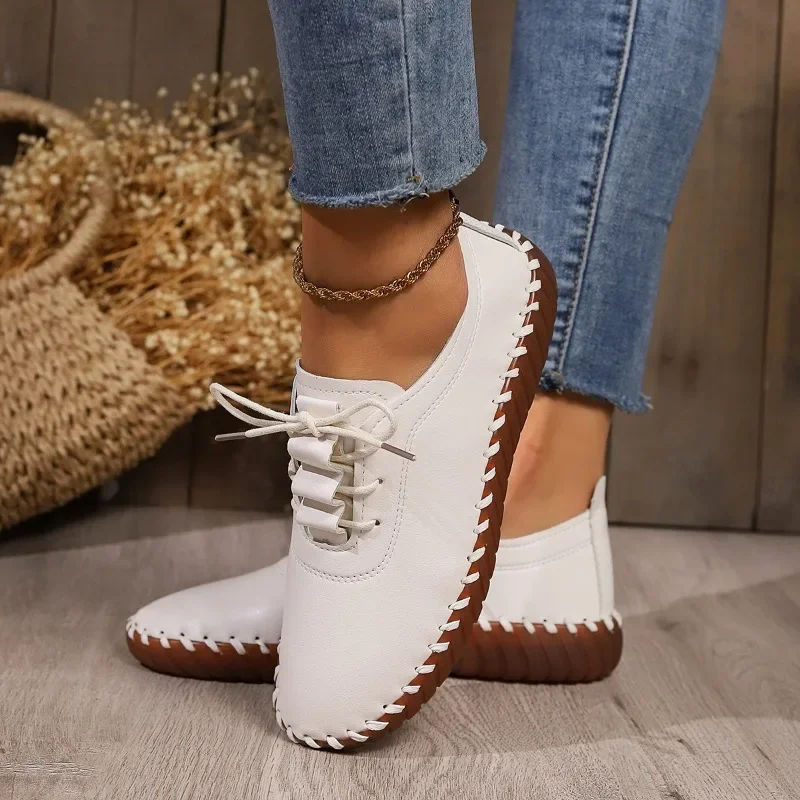 Sneakers Women Shoes Platform Loafers Lace Up Leather Flats 2024 Trend Spring Casual Mom Shoe Mujer Zapatos Chaussure Femme