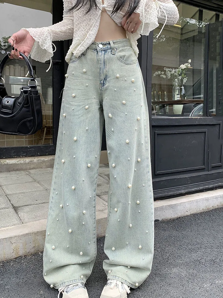 

Korean Fashion Jeans for Women 2023 Spring New Heavy Industry Beads Retro Washed High Waisted Jeans Wide Leg Mopping Pants Women