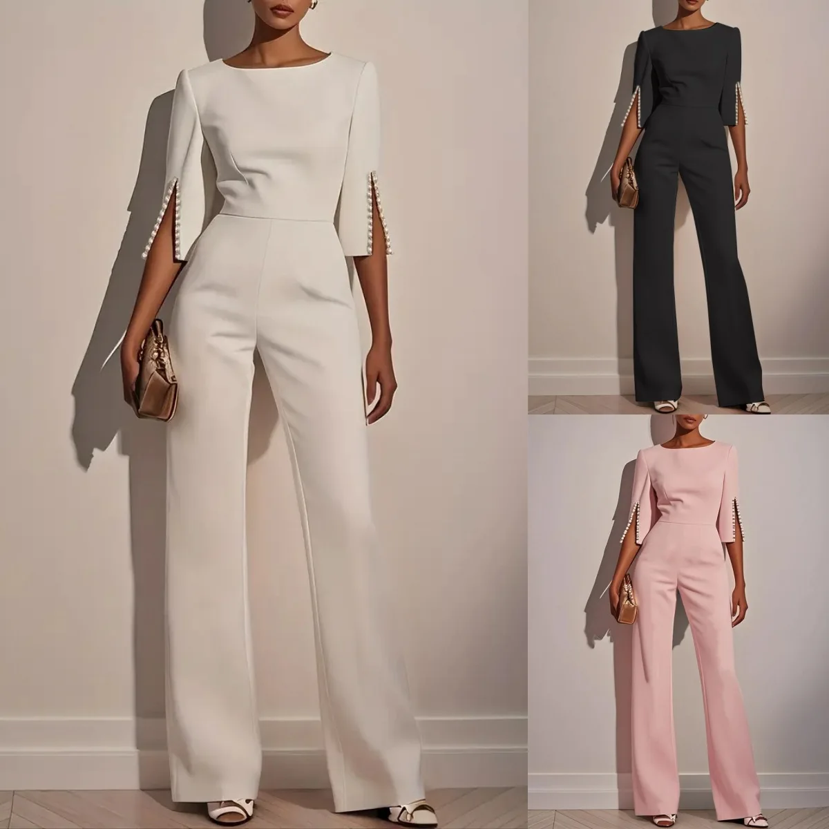 

Elegant Women's Jumpsuits Pants For Spring Summer 2025 Solid Nail Bead Slim Jumpsuit Women Monos Mujer Elegante Con Mangas