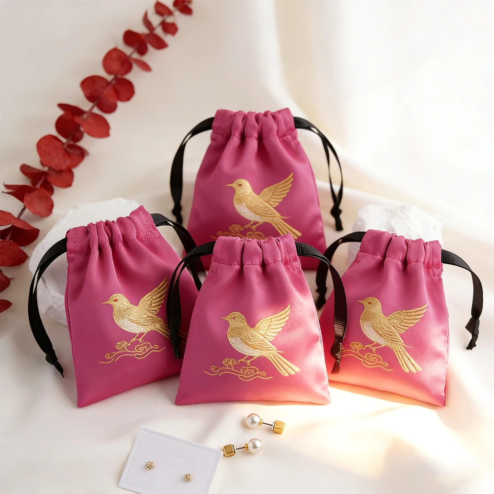 

Custom Rose Satin Drawstring Bag Jewelry Packaging Bags Luxury Hair Wig Earrings Perfume Storage Pouch Logo Printed Silk Bags