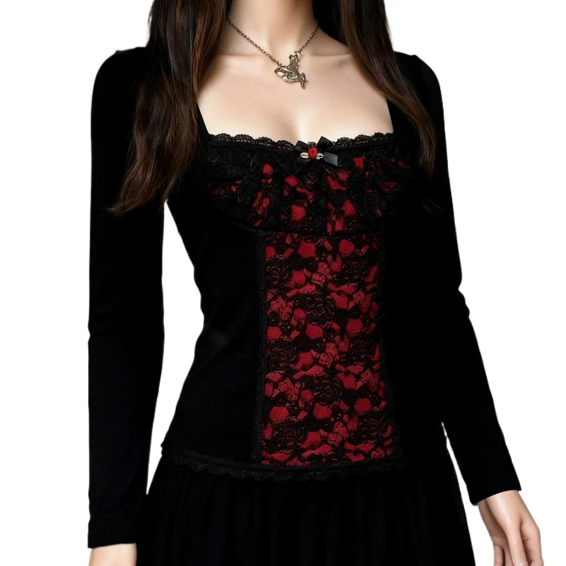 Gothic Lolita Red Black Lace Patchwork Long Sleeve Top Y2K Women Square Neck Slim Fit Gothic E-girl Crop Top
