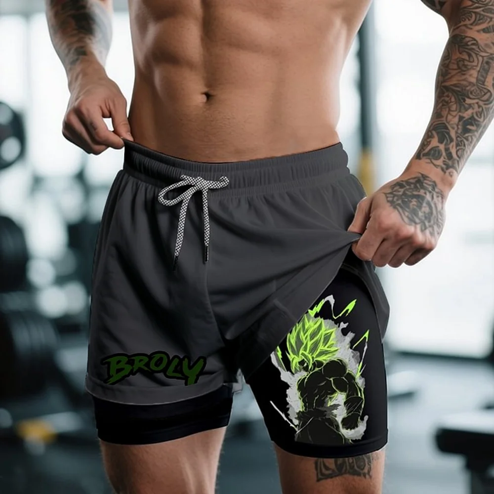 أنيمي لعبة دراغون بول برولي طباعة رياضة السراويل رجل الصيف المرأة الرياضة طبقة مزدوجة 2 في 1 سراويل رياضية التجفيف السريع شورتات للبحر