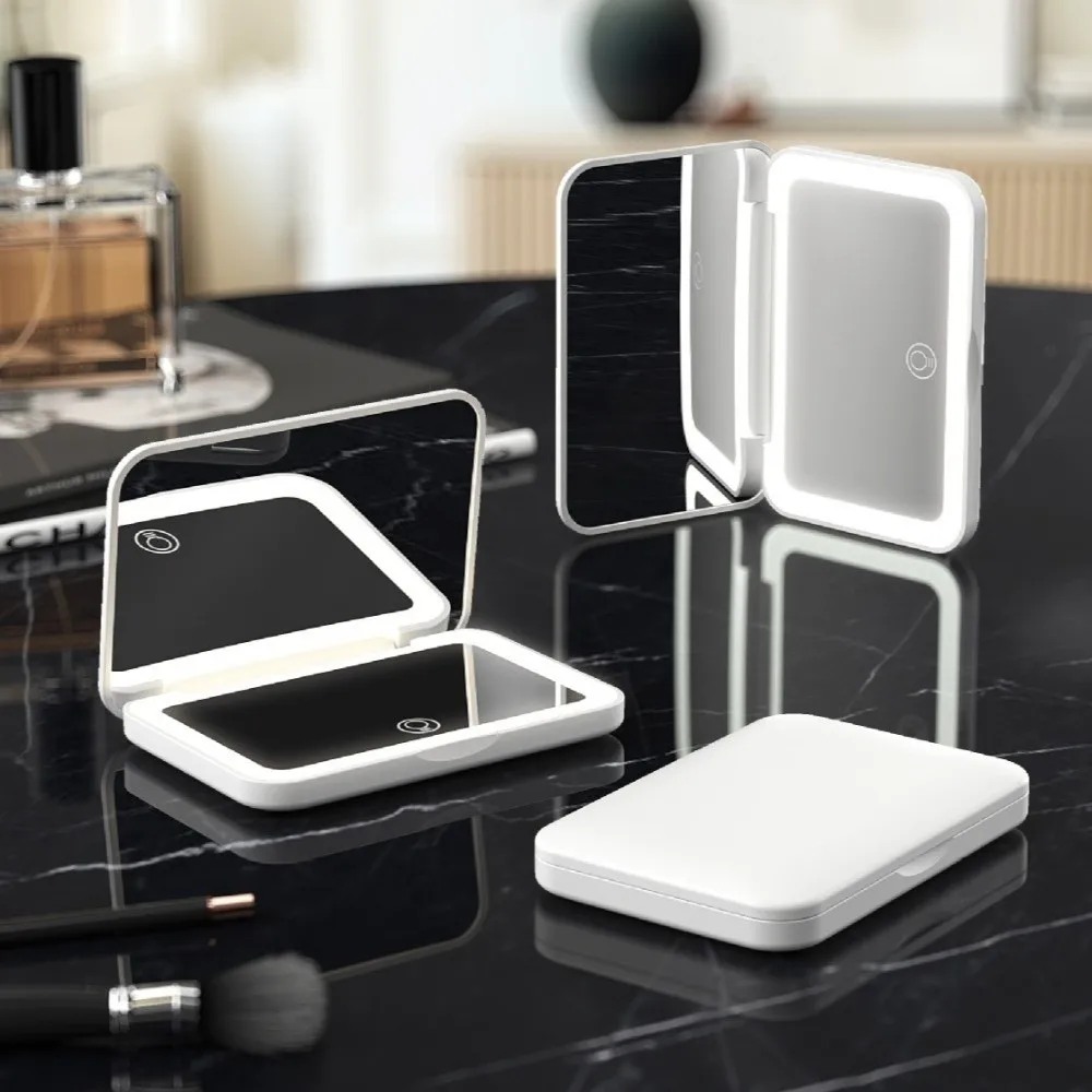 Mini-Klapp-Make-up-Spiegel, tragbar, vergrößernd, ästhetische Kosmetikspiegel, dimmbar, 3-farbige Beleuchtung, LED-Licht, Desktop-Spiegel