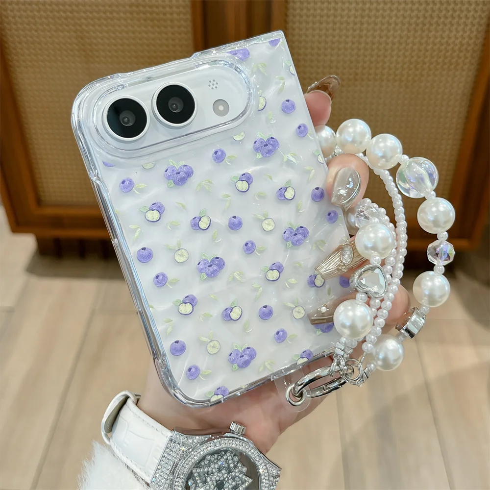 Cute Purple Blueberry Fruit Print Phone Case For iPhone Duo Fold Water‑Ripple Shell Pearl Shockproof Hard Cover For Girls