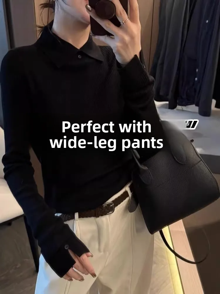 

Black Knitted Base Layer Shirt for Women Collared Inner Wear Autumn Winter Simple High-End Feeling Top Spring Season