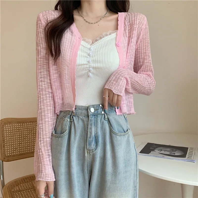 Sunscreen Cardigan Thin Women Ice Silk Knitted Tees Perspective Long Sleeve Top Overlay Simple Casual Slim Fashion Vneck T-shirt