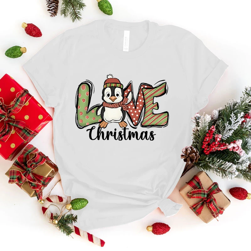 (High Quality Clothes)Christmas Penguin Love Letter Printed T-Shirts Fashion Harajuku Women Summer Tee Shirt Female Casual tops