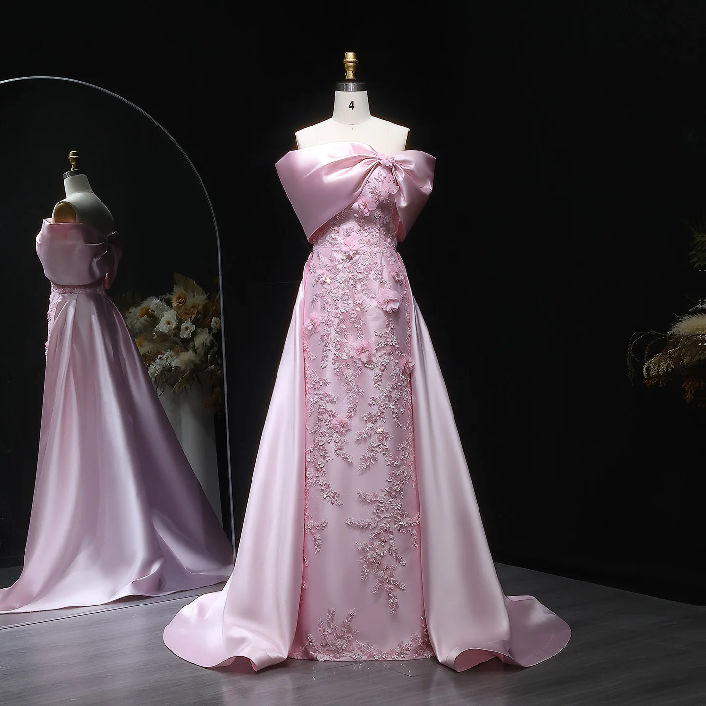 Sharon Said Elegantes Abendkleid in Übergröße mit rosa Schleife, schulterfrei, luxuriöse 3D-Blumen, Damen-Partykleid, Ballkleid XD056, maßgeschneidert – Detail 6