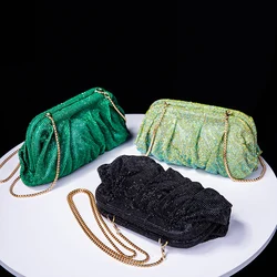 Bolso de mano plisado con diamantes de imitación brillantes para mujer, bolso de noche con cadenas de bola de masa hervida, monederos con Clip de cristal y pliegues, diseño de lujo para fiesta