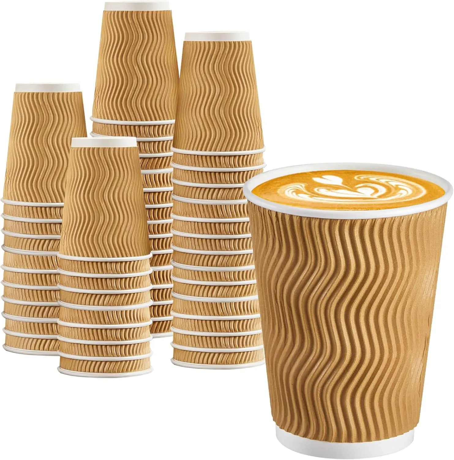 

100 Pack 12 oz Coffee Cups, Disposable Insulated Hot Cups To Go Paper Coffee Cups, Corrugated Ripple Wall Cup for Hot Dr