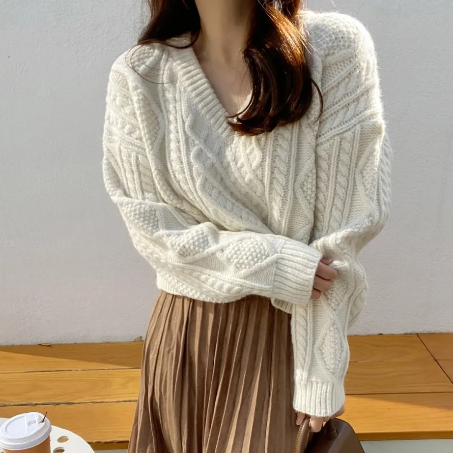 

V-neck Short Knit Pullovesrs Women Thickening Fall Winter Casual Loose Long Sleeve Sweater Tops 4 Colors