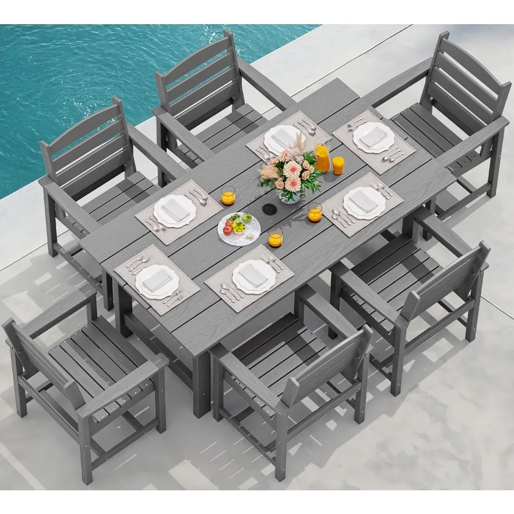 

Outdoor Dining Table Set, 7-Piece Outdoor Dining Table Sets with Umbrella Hole Cut-Out Table and 6 Chairs, Gray