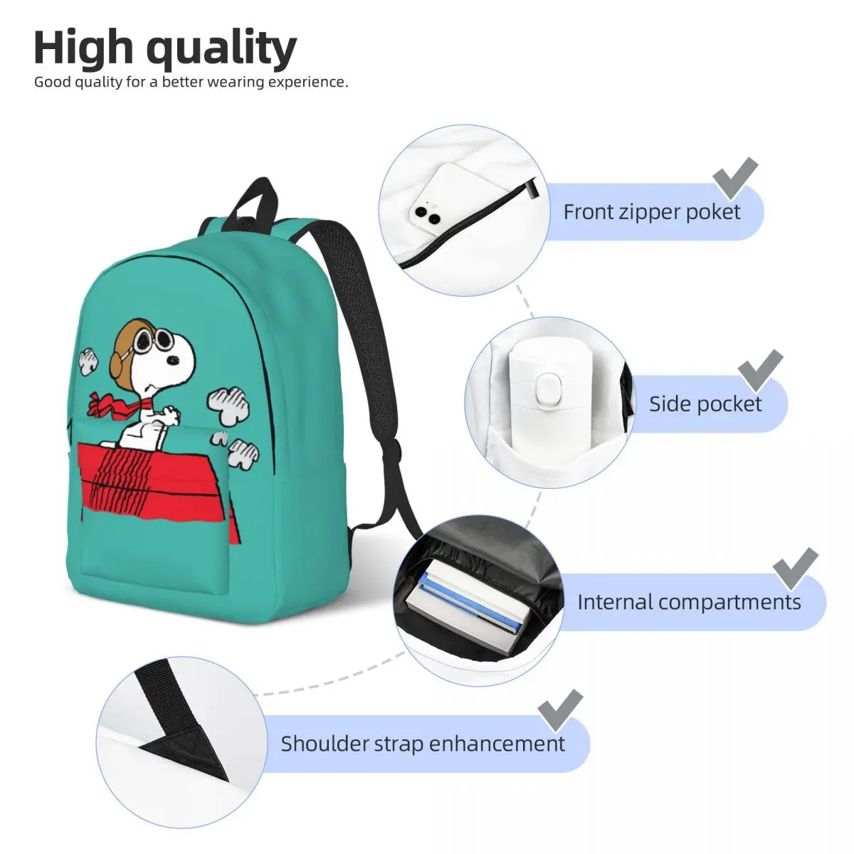 Peanuts Snoopy The Flying Ace Classical Backpack Outdoor High School Hiking Travel Daypack for Women Laptop Computer Canvas Bags