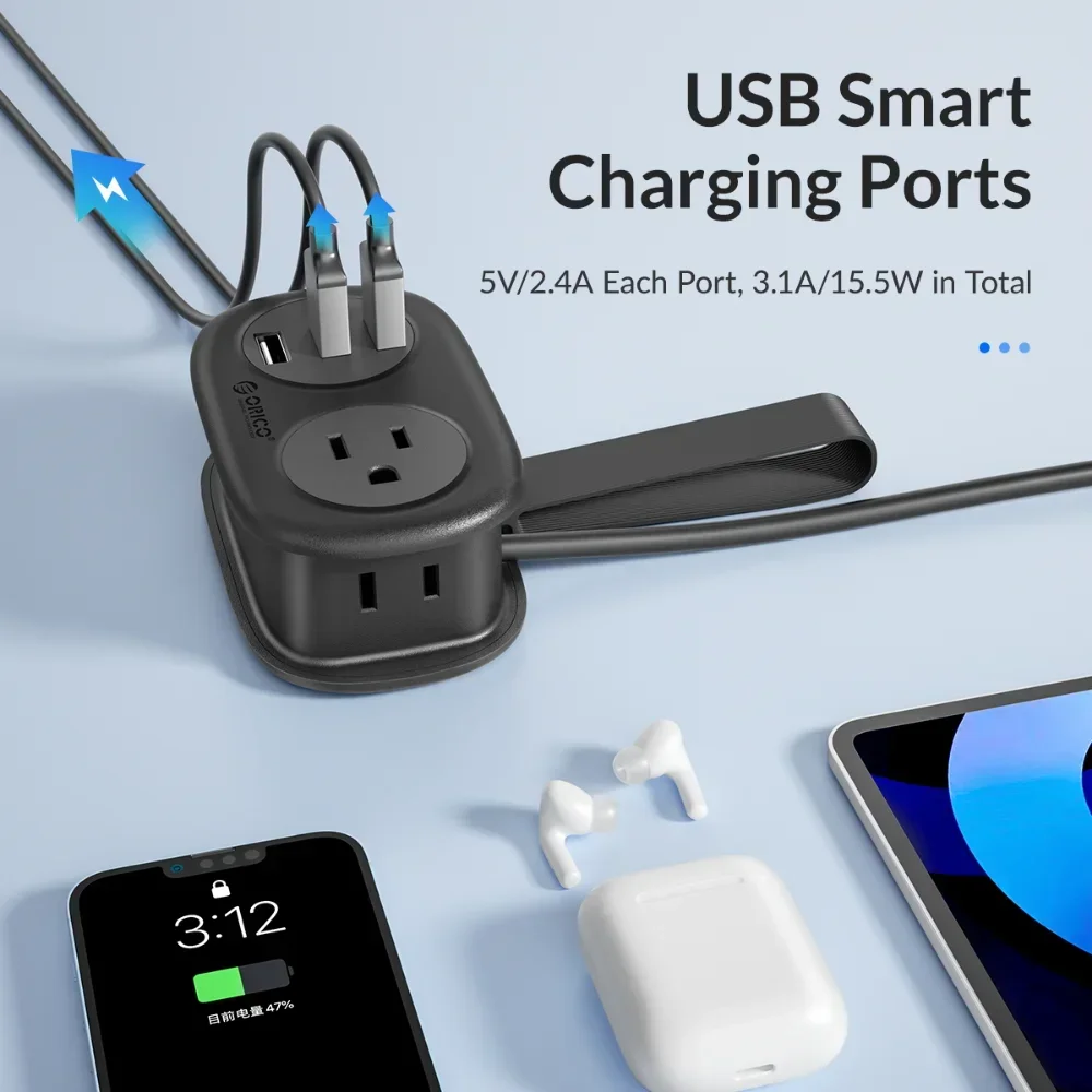 ORICO Universal Plug Power Strip Electrical EU/UK/US/AU Plug with 1.2m Extension Cord 2 AC 2 USB 1 Type C Fast Charging Ports