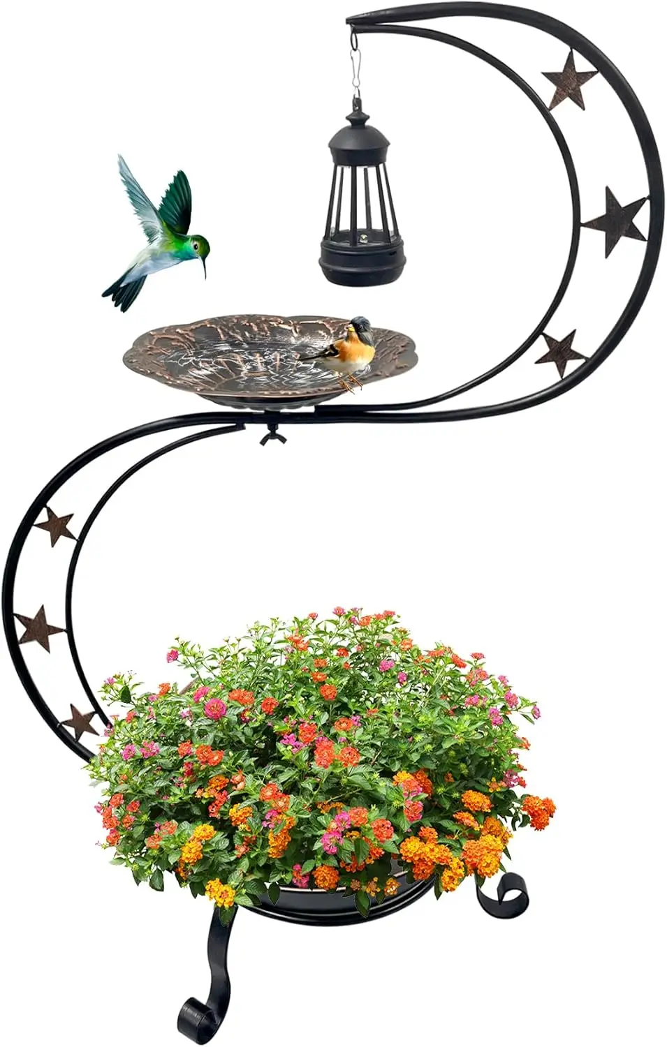 Solar-Powered Vintage Metal Bird Bath with Flower Planter for Garden Yard Decor