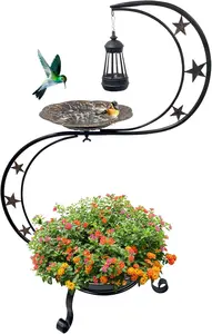 Solar-Powered Vintage Metal Bird Bath with Flower Planter for Garden Yard Decor