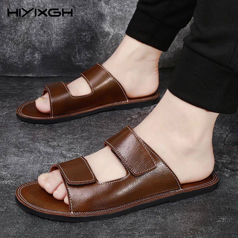 Men's Soft Leather Half Slippers Waterproof Beach Sandals Casual Outdoor Walking Non-slip Water Shoes For Summer