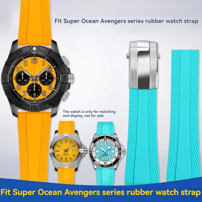 Gelang Jam Karet 22Mm Cocok untuk Breitling Superocean Avenger Heritage Kuning Hitam Oranye Alat Tali Lembut Silikon Gesper Lipat